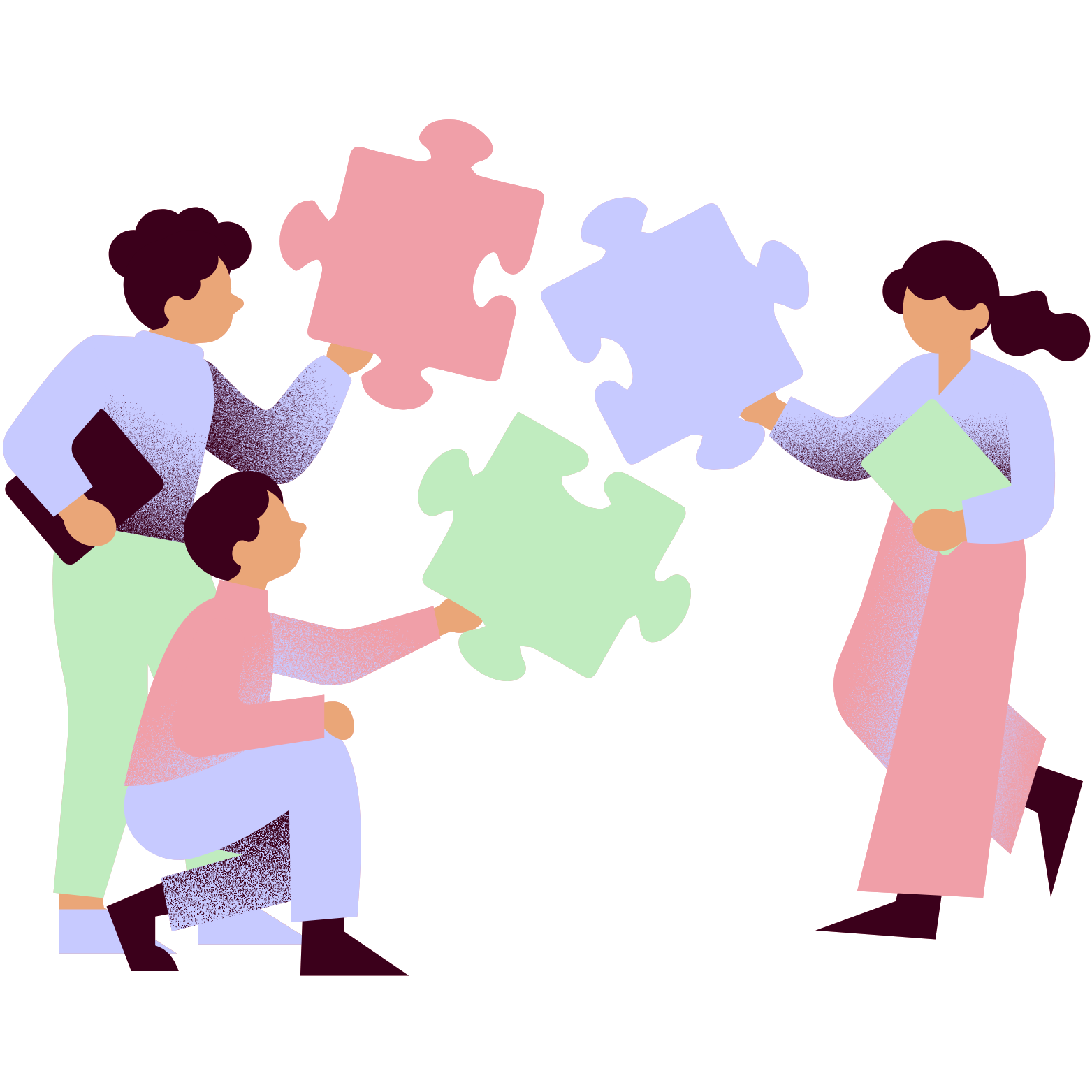 Illustration of three people, two women and a girl, fitting puzzle pieces together. The puzzle pieces are pink, blue, and green.