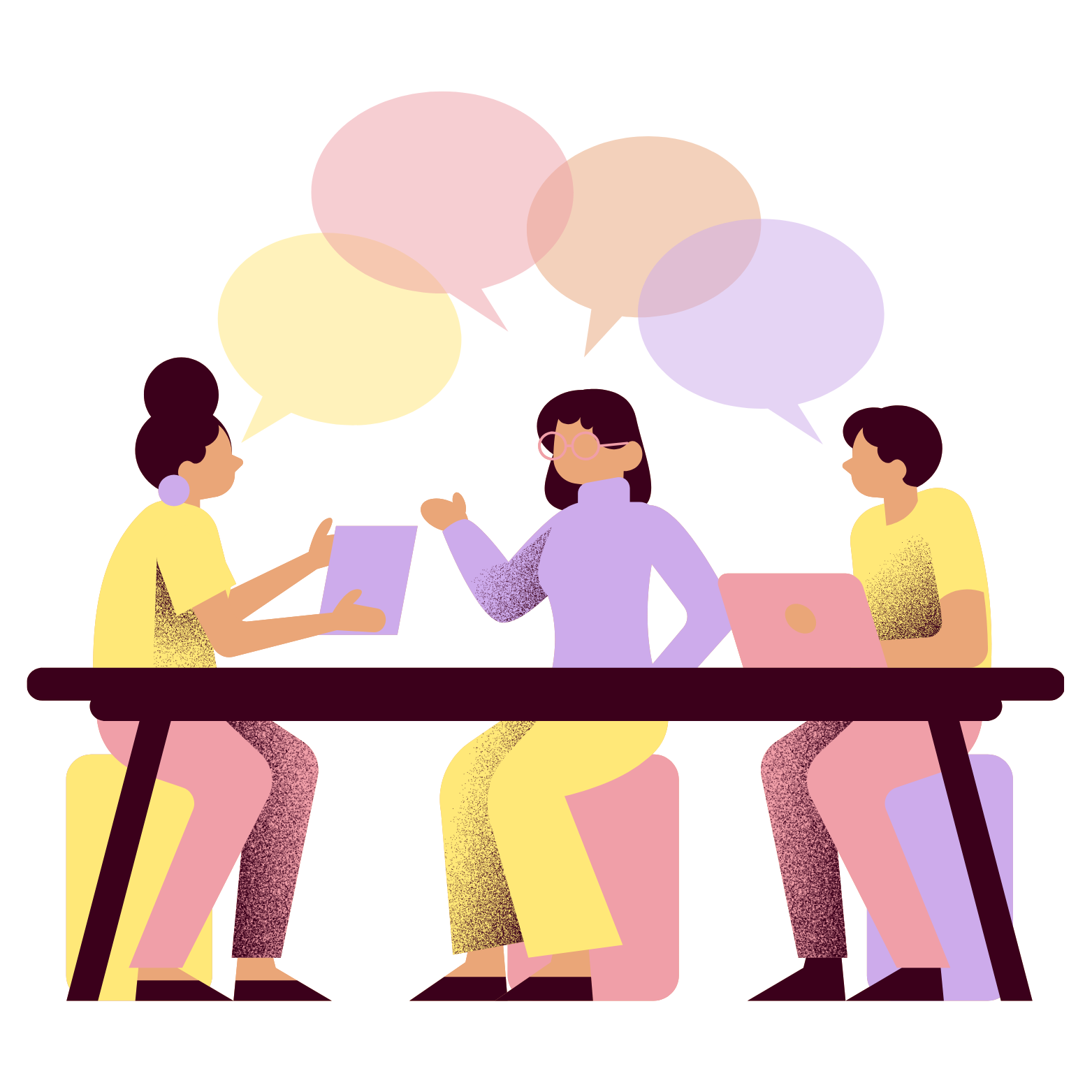 Illustration of three women talking and working at a shared table, with laptops and a tablet, in a colorful setting with abstract shapes in the background.