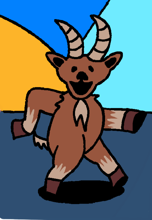 Cartoon drawing of a cheerful goat standing on dark ground with a yellow sun and blue sky in the background.