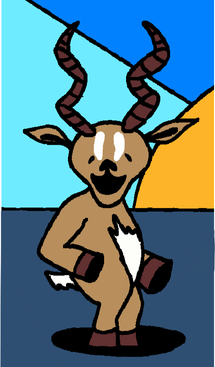 Cartoon goat with brown fur, white patches, twisted horns, standing on a dark ground with colorful geometric background.