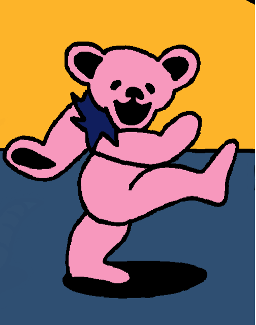 Cartoon pink teddy bear dancing with a blue bowtie, standing on one leg on a multicolored background.
