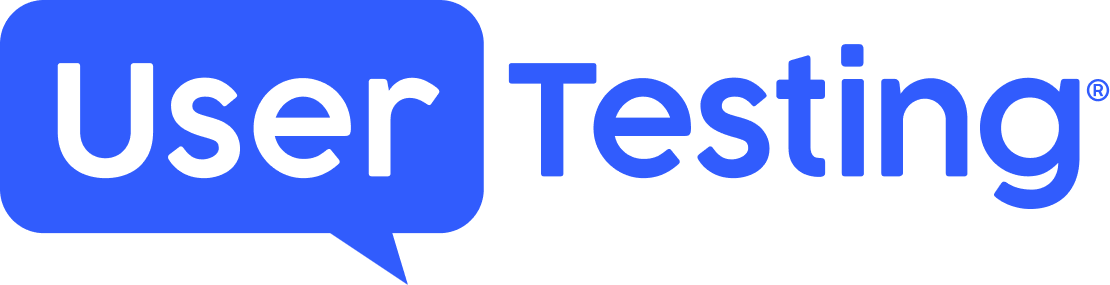 Blue square with rounded corners and a speech bubble tail, containing the words "User Testing" in black and blue text.