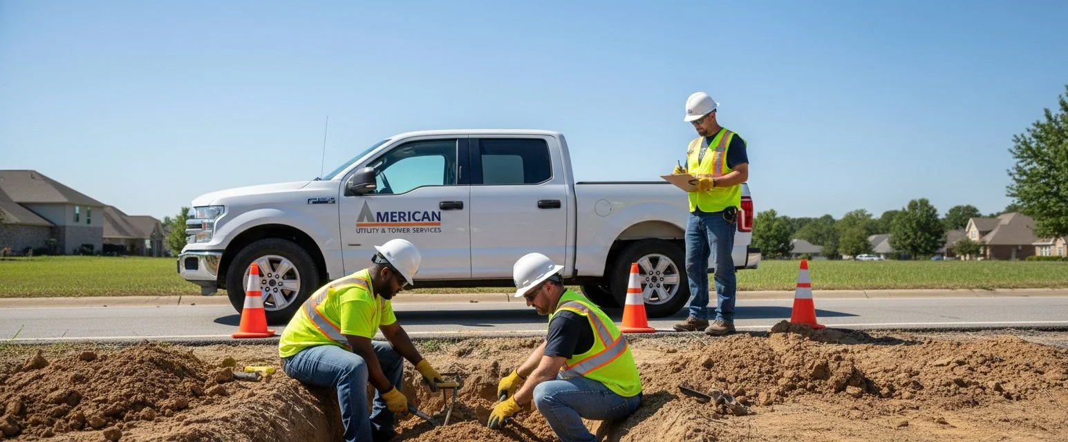 Three construction workers wearing yellow safety vests and white hard hats are working on a roadside excavation. Two are kneeling on the dirt to the left, using hand tools, while the third stands nearby with a clipboard, overseeing the work. An American Utility & Tower Services pickup truck is parked behind them with orange traffic cones surrounding the scene, and residential houses are visible in the background.