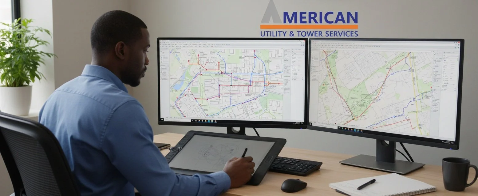 Man working at his desk with two computer monitors displaying maps, with a poster reading 'American Utility & Tower Services' on the wall behind him.