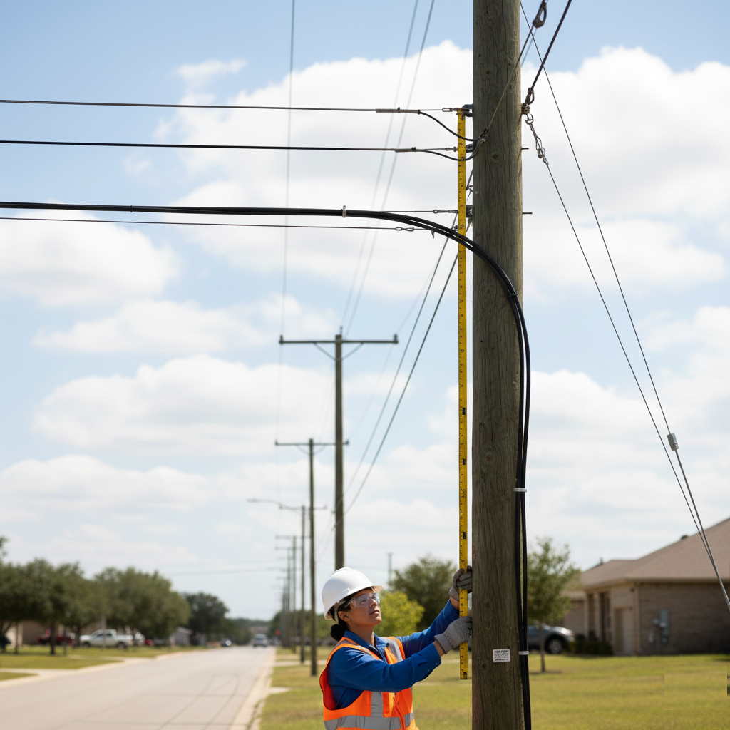 A worker in safety gear measuring and inspecting a utility pole with a yellow ruler on a suburban street with multiple power lines.