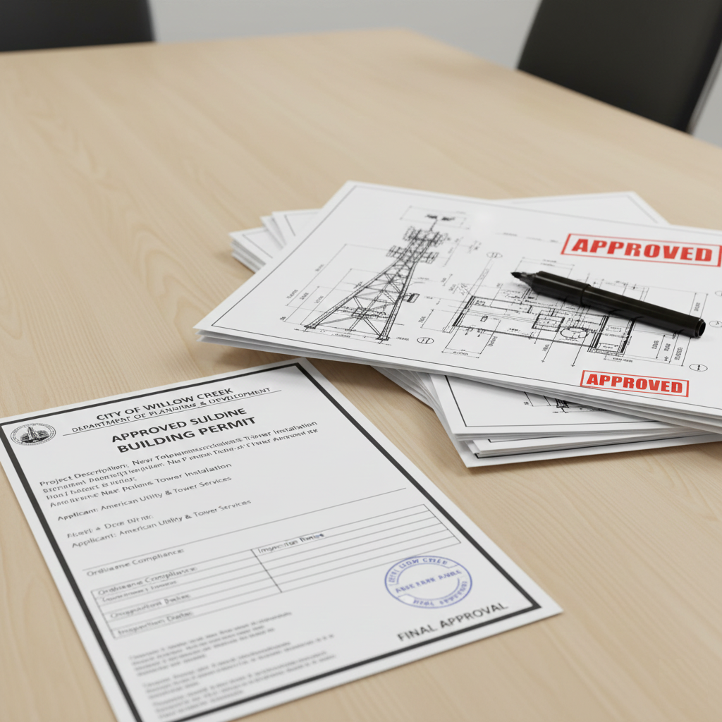 Stack of construction blueprints with a black pen on top and a permit document from the City of Willow Creek, marked approved, on a wooden table.