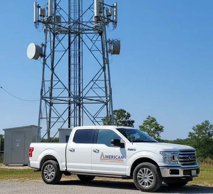 A white pickup truck with American Communications logo parked in front of a tall communication tower with antennas and satellite dishes, against a clear blue sky.