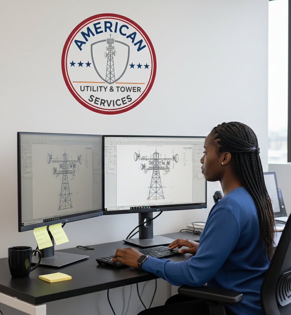 A woman working at a desk with two monitors displaying technical drawings of a utility tower. There is a coffee mug, sticky notes, and a small yellow notepad on the desk. A sign on the wall reads "American Utility & Tower Services" with a logo of a transmission tower.