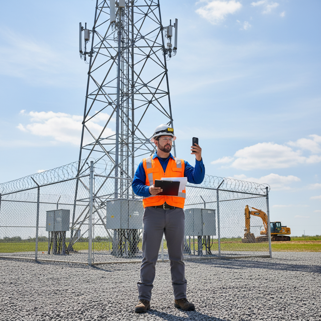 A man wearing safety gear, including a hard hat and reflective vest, standing outdoors in front of a tall cell tower, holding a tablet and a smartphone, with a large construction excavator in the background.