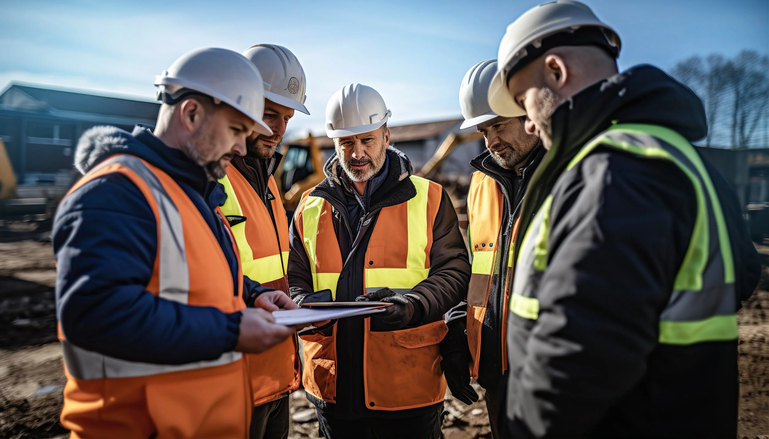 Group of construction workers wearing safety vests and helmets gathered outdoors on a construction site, discussing plans.