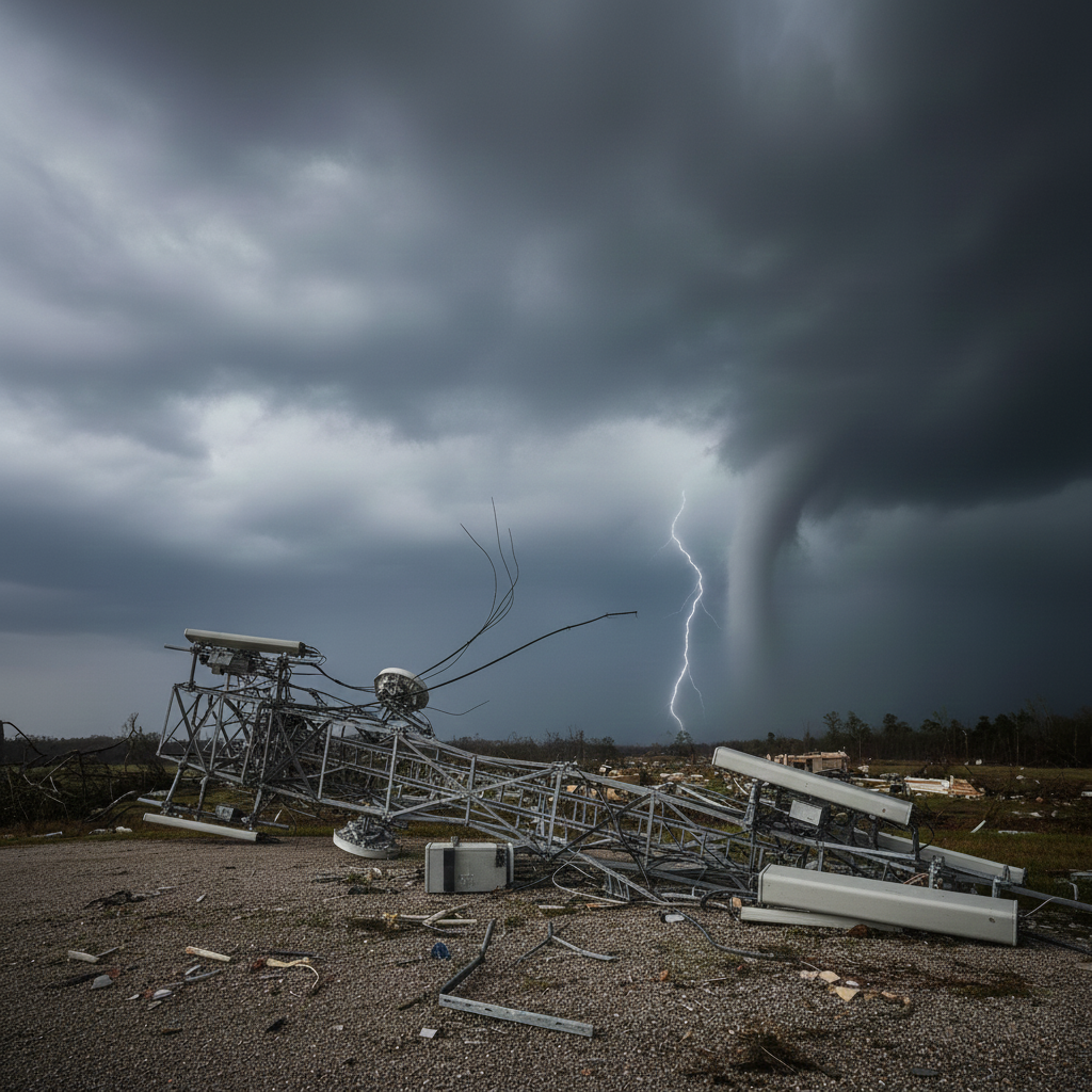 Damaged communication tower lying on the ground during a storm with dark storm clouds, lightning, and a tornado in the background.