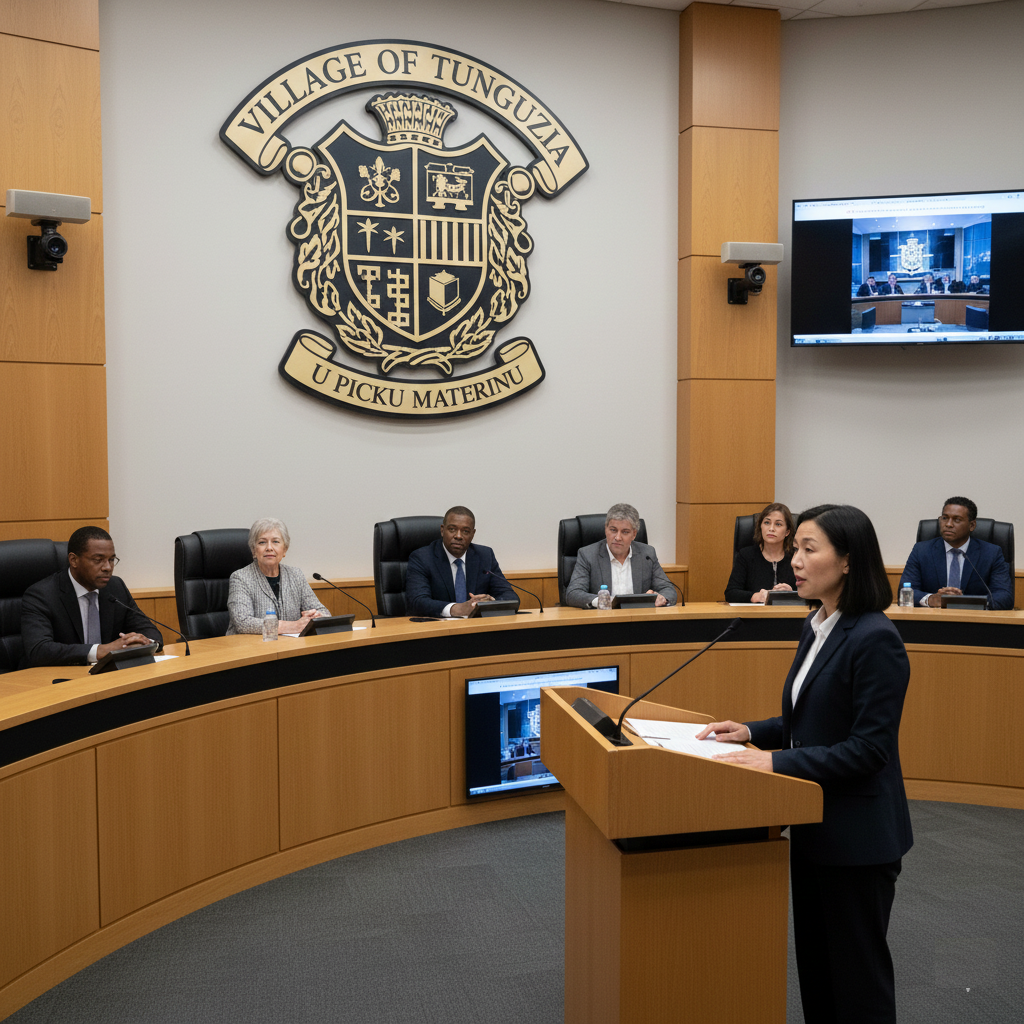 A woman in formal attire stands at a podium giving a speech in a conference room with six seated individuals behind her. The room has wood-paneled walls, a large crest on the wall reading 'Village of Tunguzla' and displaying a shield with various symbols, and screens showing the conference proceedings.