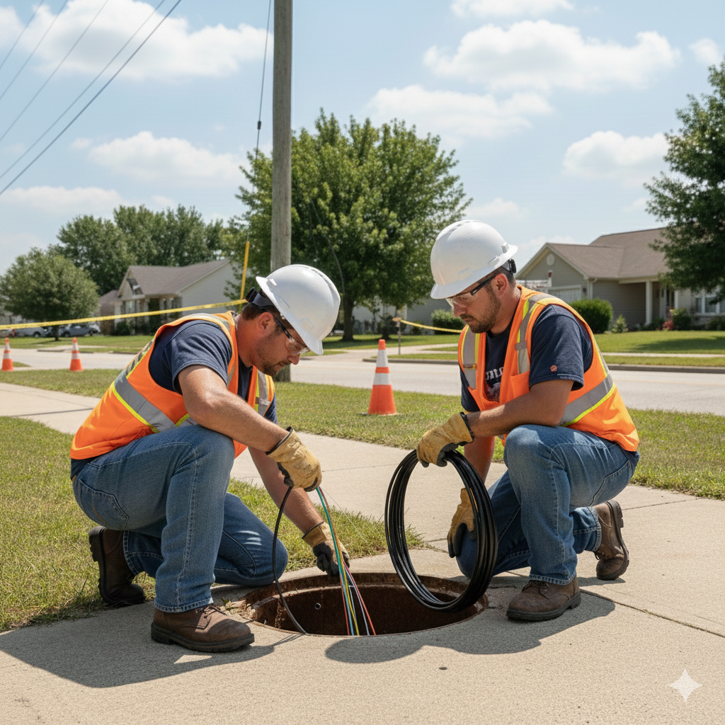 Two construction workers wearing hard hats, orange safety vests, gloves, and jeans, working on installing or repairing underground cables or pipes in a manhole on a suburban sidewalk, with orange traffic cones and caution tape in the background.