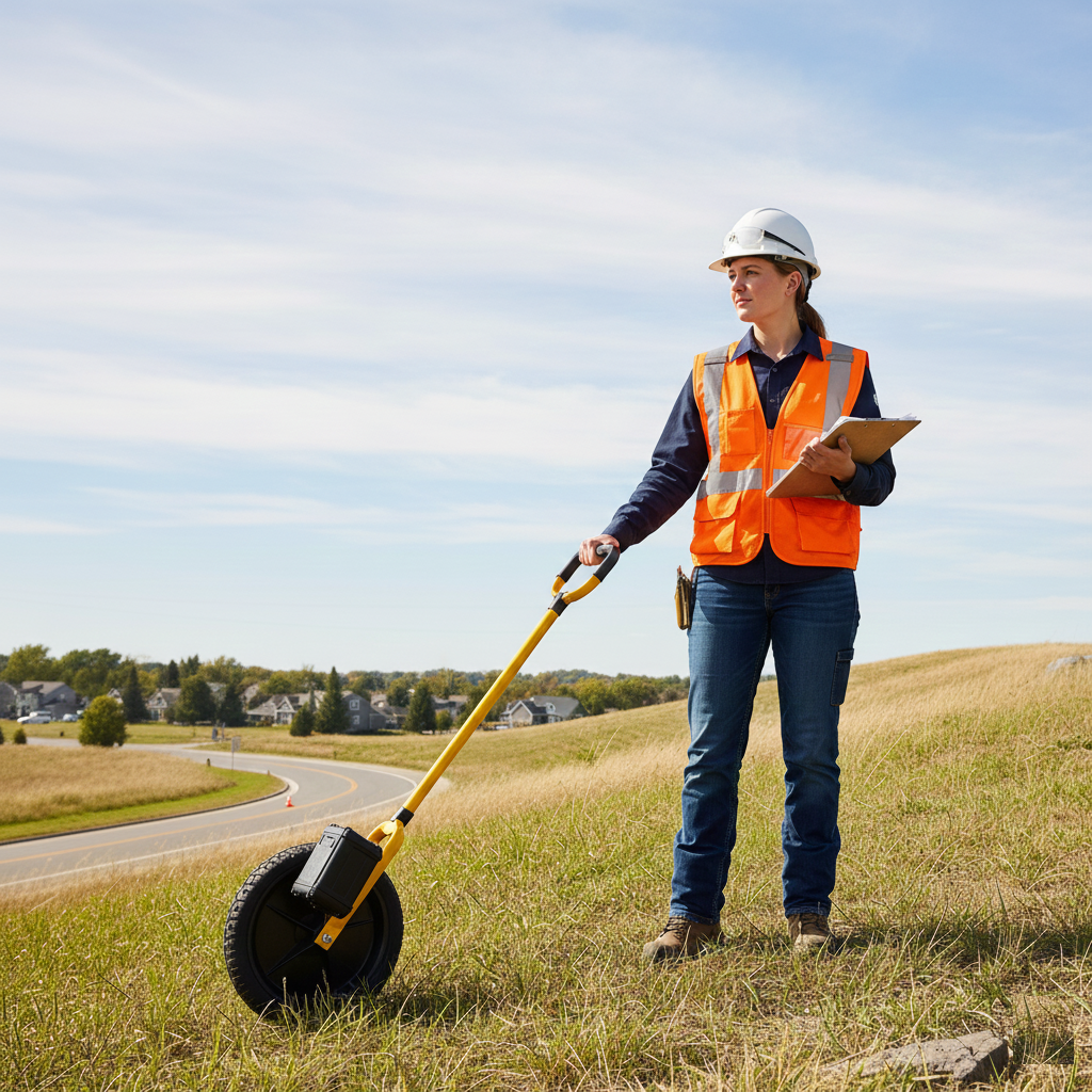 A female surveyor in an orange safety vest and hard hat using a ground-penetrating radar device on a grassy hilltop with a road and houses in the background.