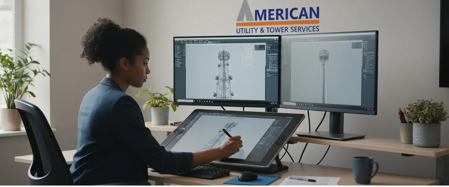 Woman working on a digital drawing of a communication tower at a desk in an office with two monitors and a wall sign reading 'AMERICAN Utility & Tower Services'.