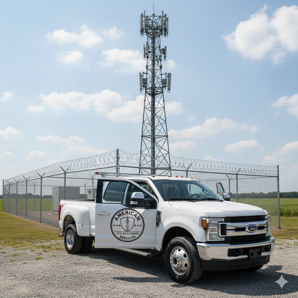 A white utility truck with a black and white logo on the door that says 'American Services' parked on a gravel surface near a tall radio tower and a chain-link fence topped with barbed wire, under a partly cloudy sky.