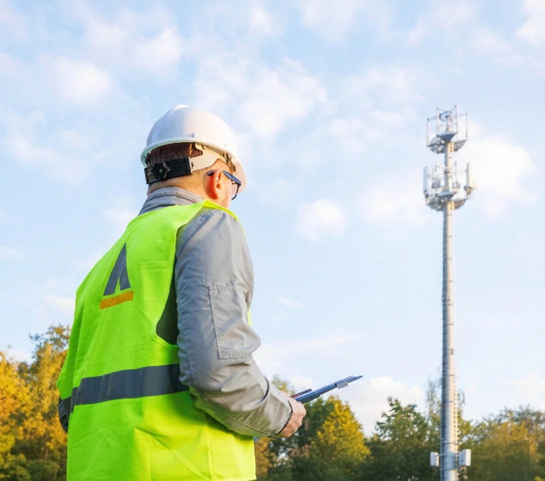 A worker wearing a high-visibility vest, safety helmet, and glasses standing outdoors, looking at a tall telecommunications tower.