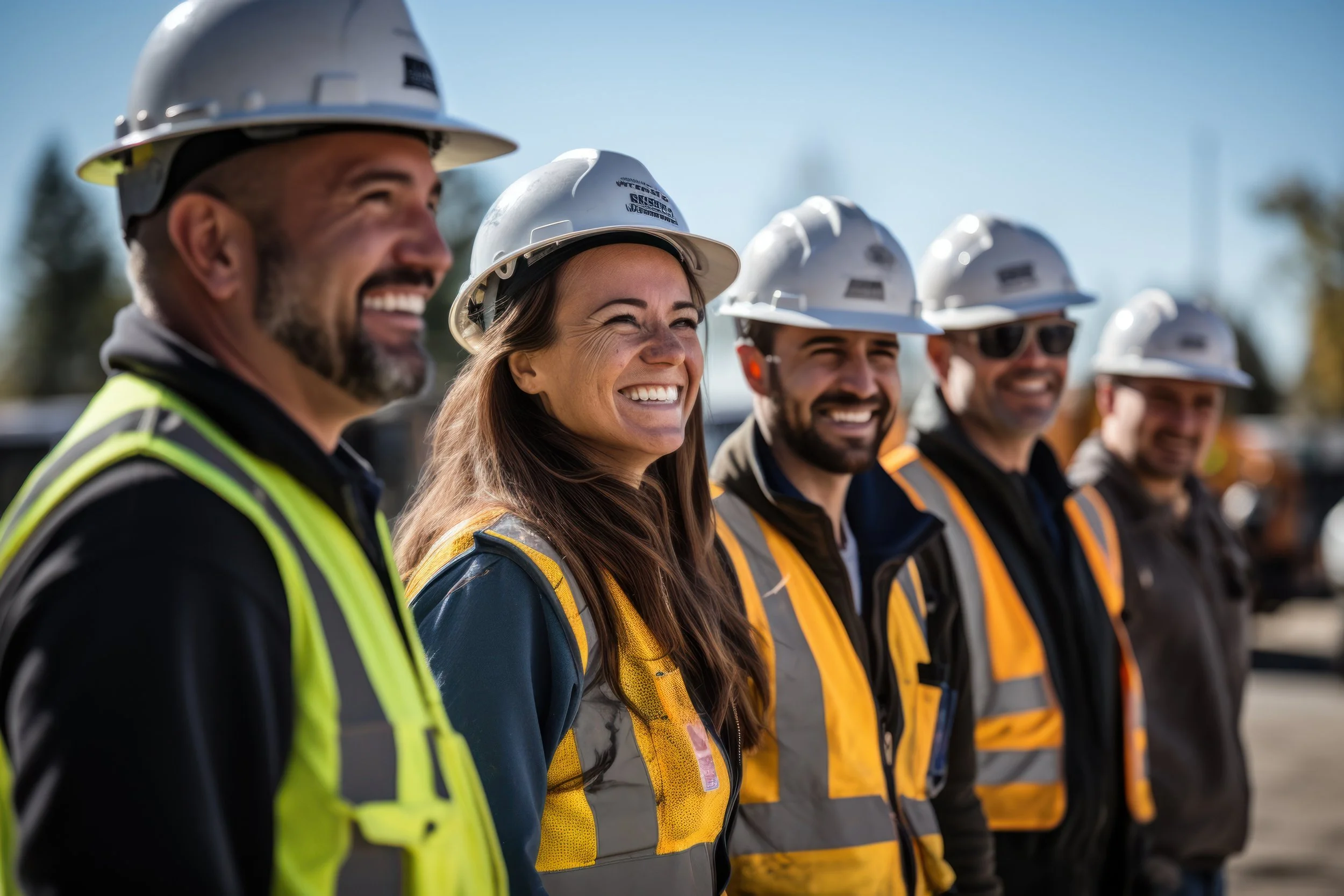 Group of five construction workers wearing safety helmets and vests, smiling and standing outdoors on a construction site.