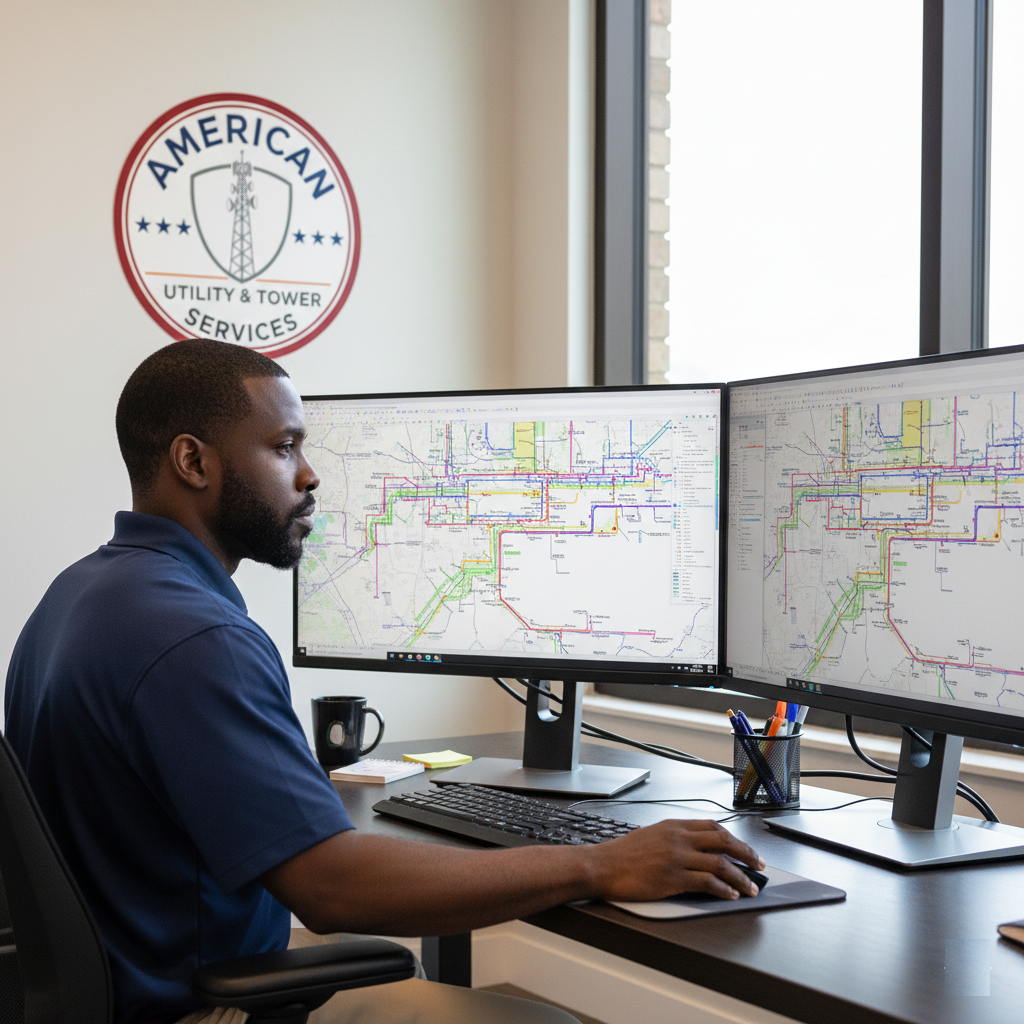 Man working at dual computer monitors displaying utility maps in an office with a sign reading 'American Utility & Tower Services' on the wall.