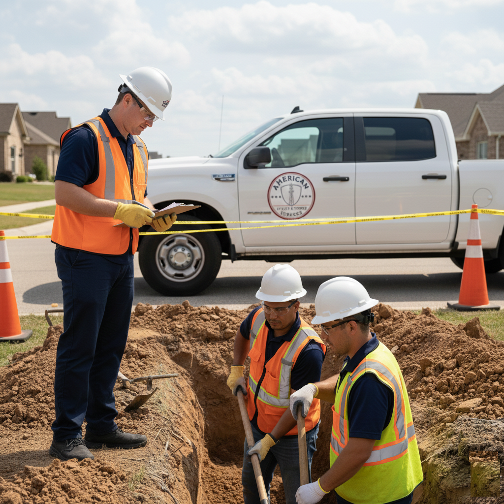 Construction workers in safety vests and helmets working on a trench outside residential houses, with a clipboard holder observing and a pickup truck parked in the background.