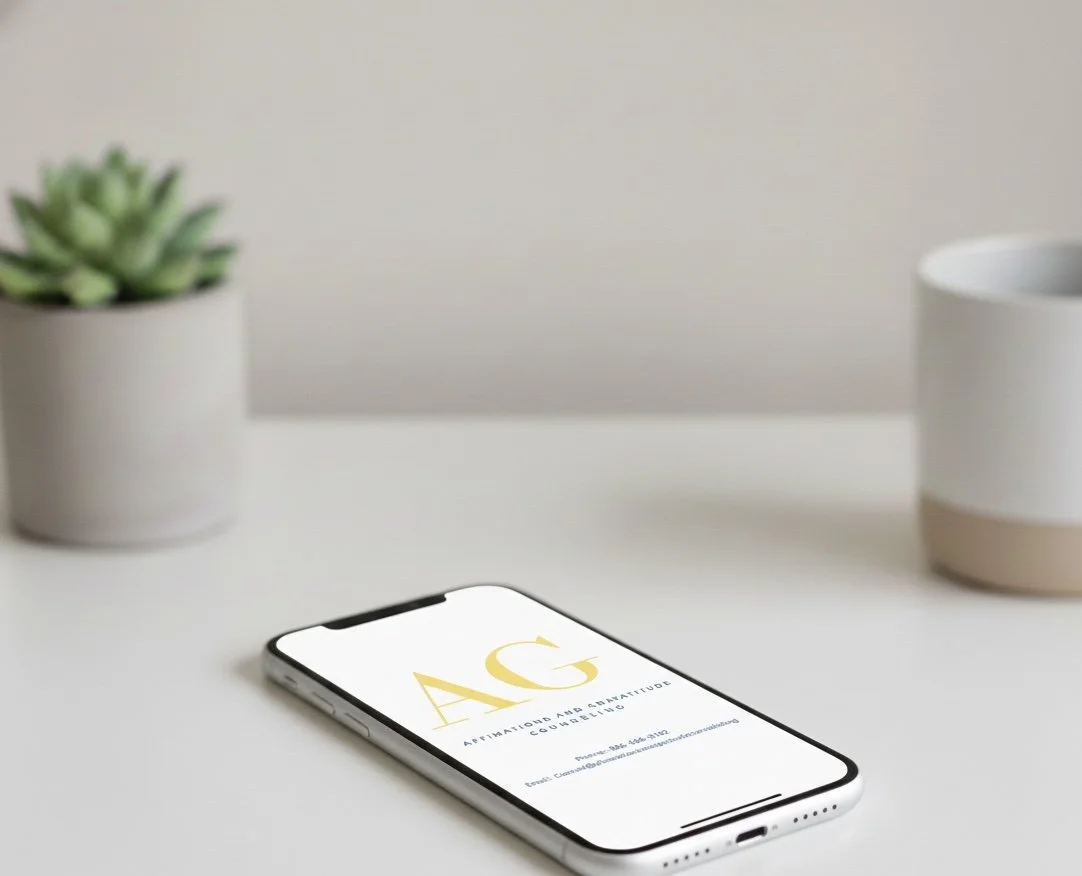 Smartphone on a white desk displaying a website with a gold logo and text, two potted plants in minimalist planters in the background.