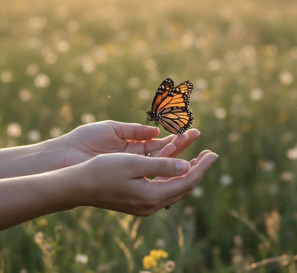 A person’s hands hold a Monarch butterfly with orange and black patterned wings. The background is blurred with a field of flowers and greenery, illuminated by soft sunlight.