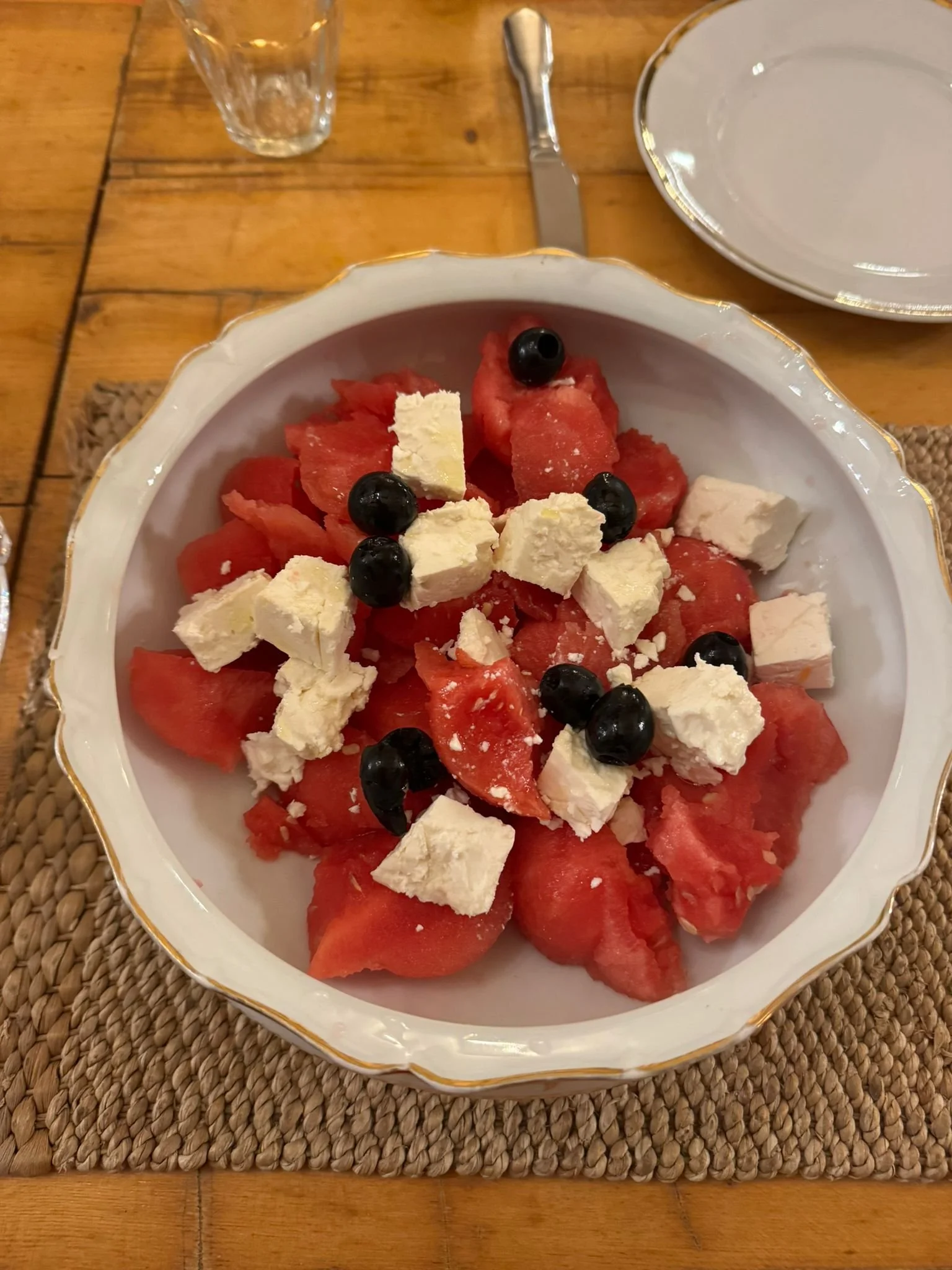 Cooling red food for a hot summer day in south France. Cheese with watermelon