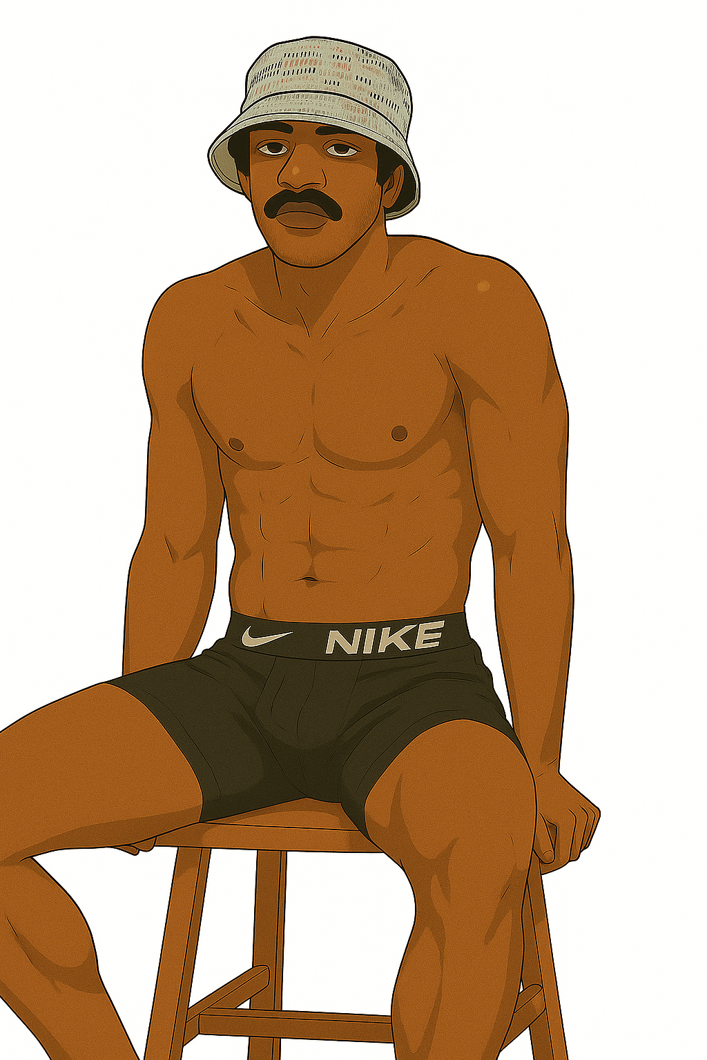 Comedian, Actor, Artist, Myles Grey a shirtless man with a hat, mustache, and dark hair, sitting on a wooden stool, wearing Nike shorts, against a plain background in a bucket hat. He does comedy, he acts, and he's an artist.