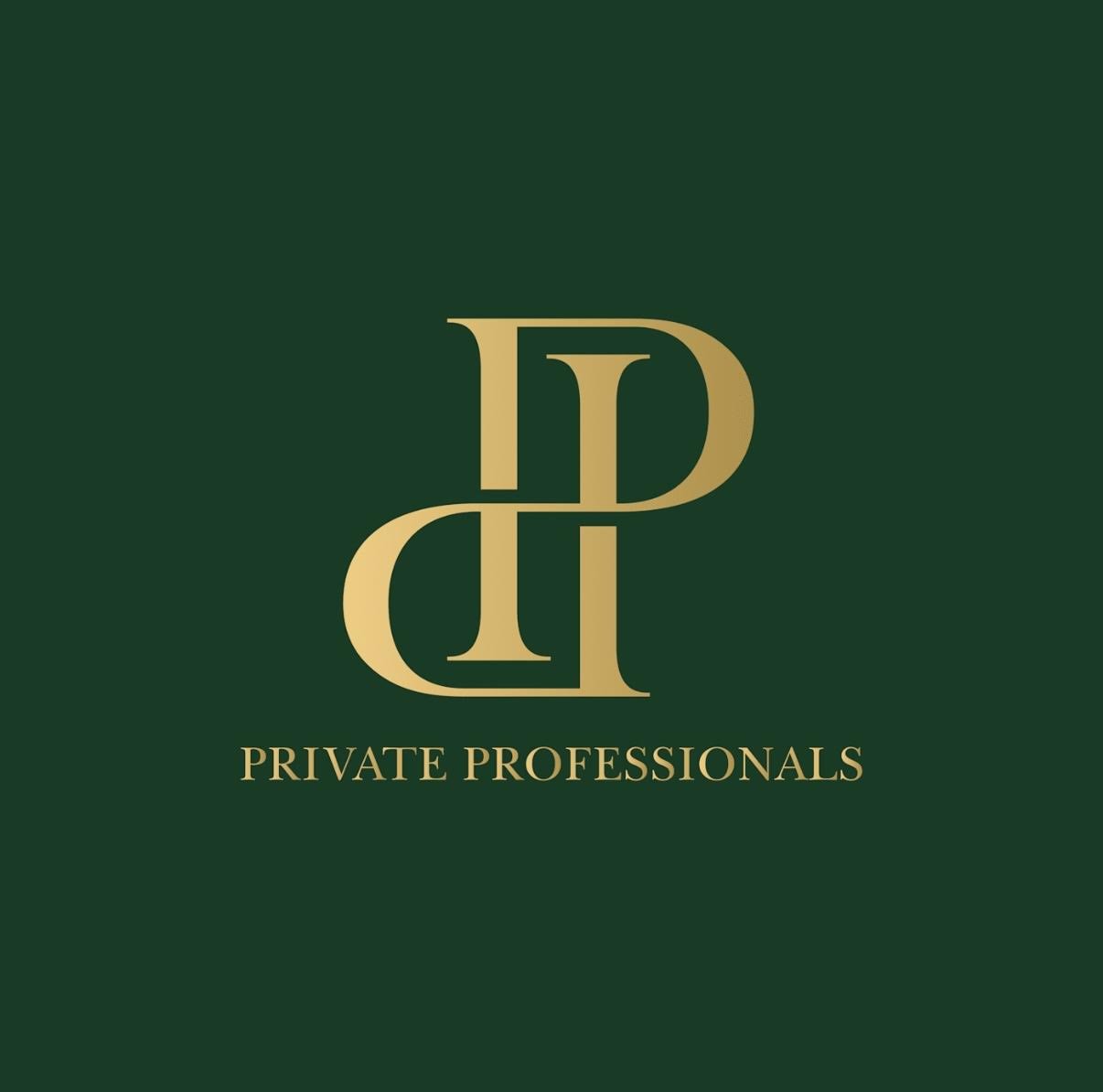 Green background with gold intertwined initials 'P' and 'D' and the words 'Private Professionals' below.