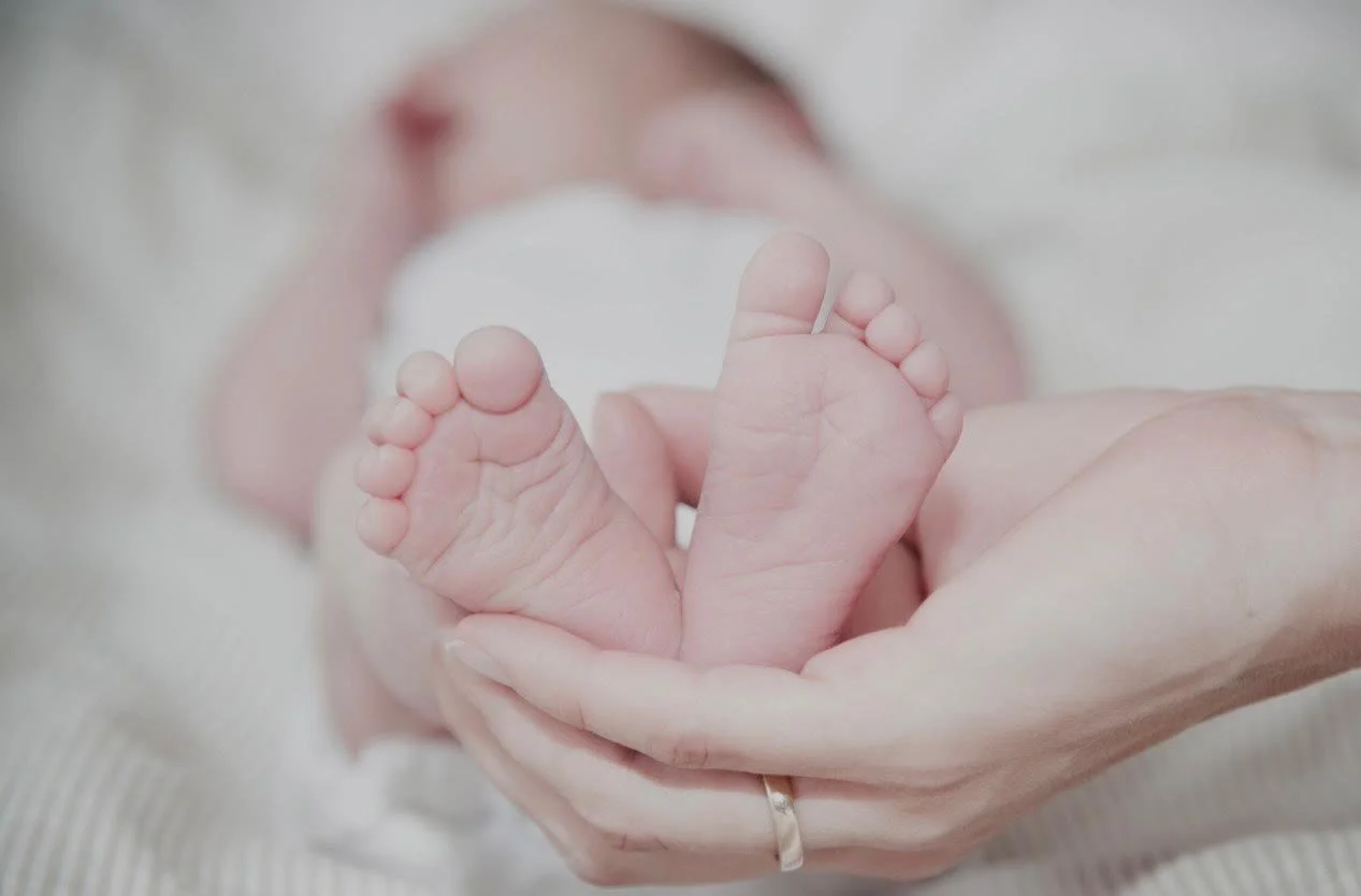 Close-up of tiny newborn baby feet being gently held by an adult's hand.
