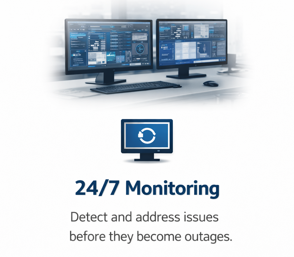 Two computer monitors displaying network or system monitoring dashboards with a keyboard and mouse in front of them. An icon of a monitor with a refresh or synchronization symbol. The text '24/7 Monitoring. Detect and address issues before they become outages.'