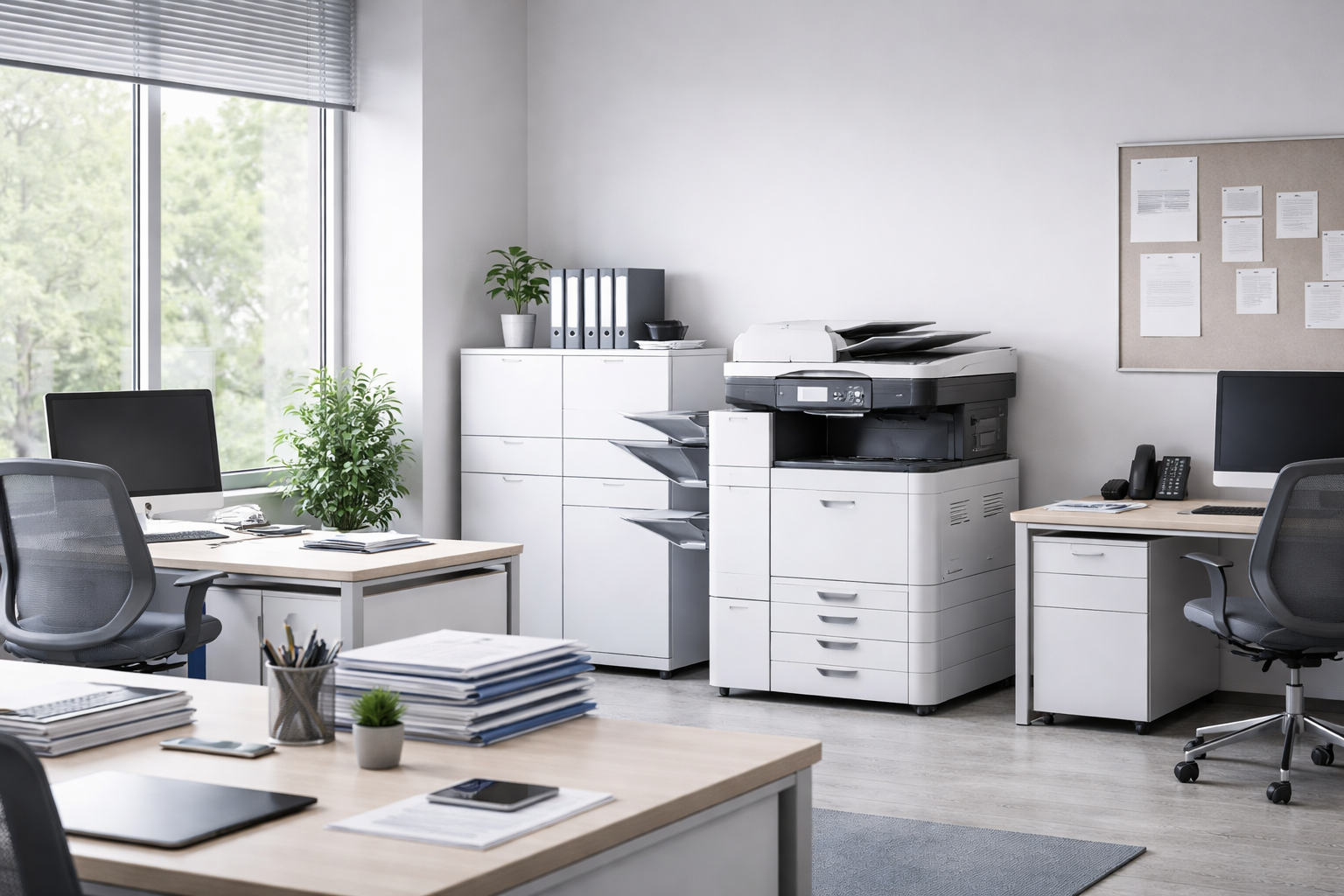 Office with desks, chairs, computers, filing cabinets, and a photocopier, with large windows and greenery outside.