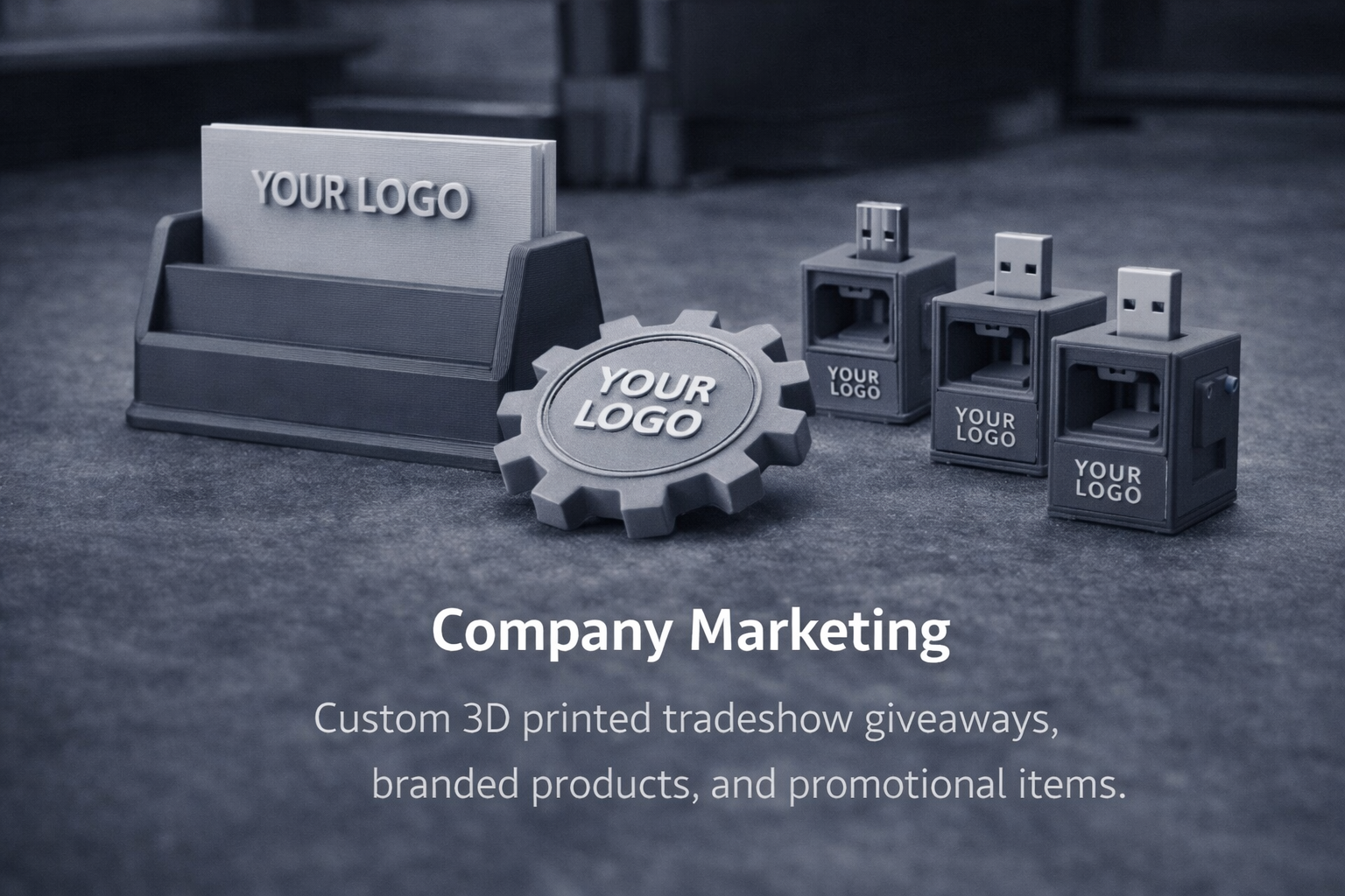 Gray 3D-printed branded promotional items including a card holder, gear-shaped item, and three USB flash drives with customizable logos on a dark surface.