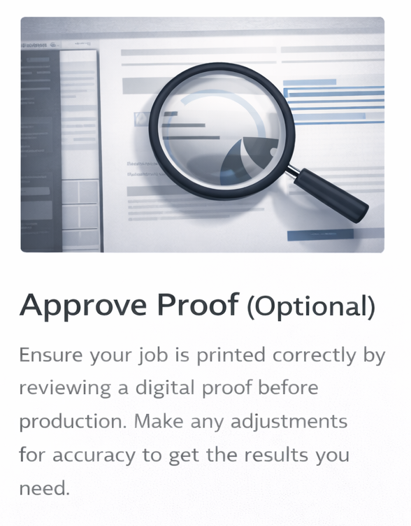 A magnifying glass focusing on a digital document or screen, with text about approving proofs.