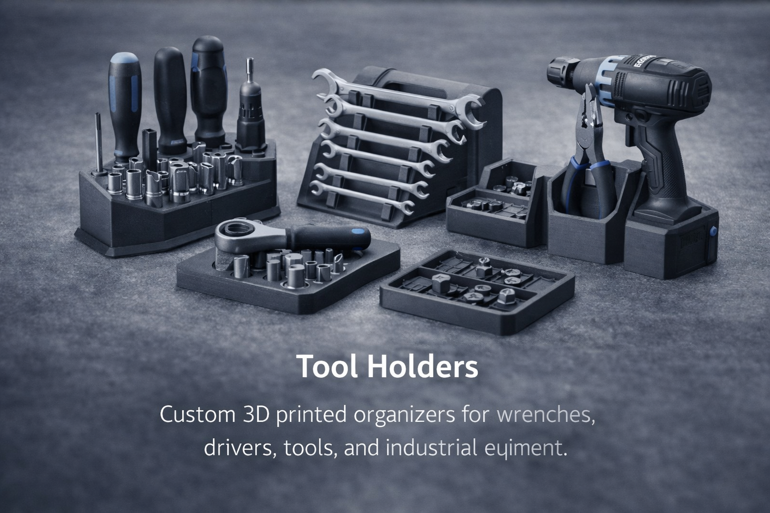 Various black tool holders and organizers, including screwdrivers, wrenches, and drills, arranged on a dark surface with text indicating they are custom 3D printed for industrial tools.