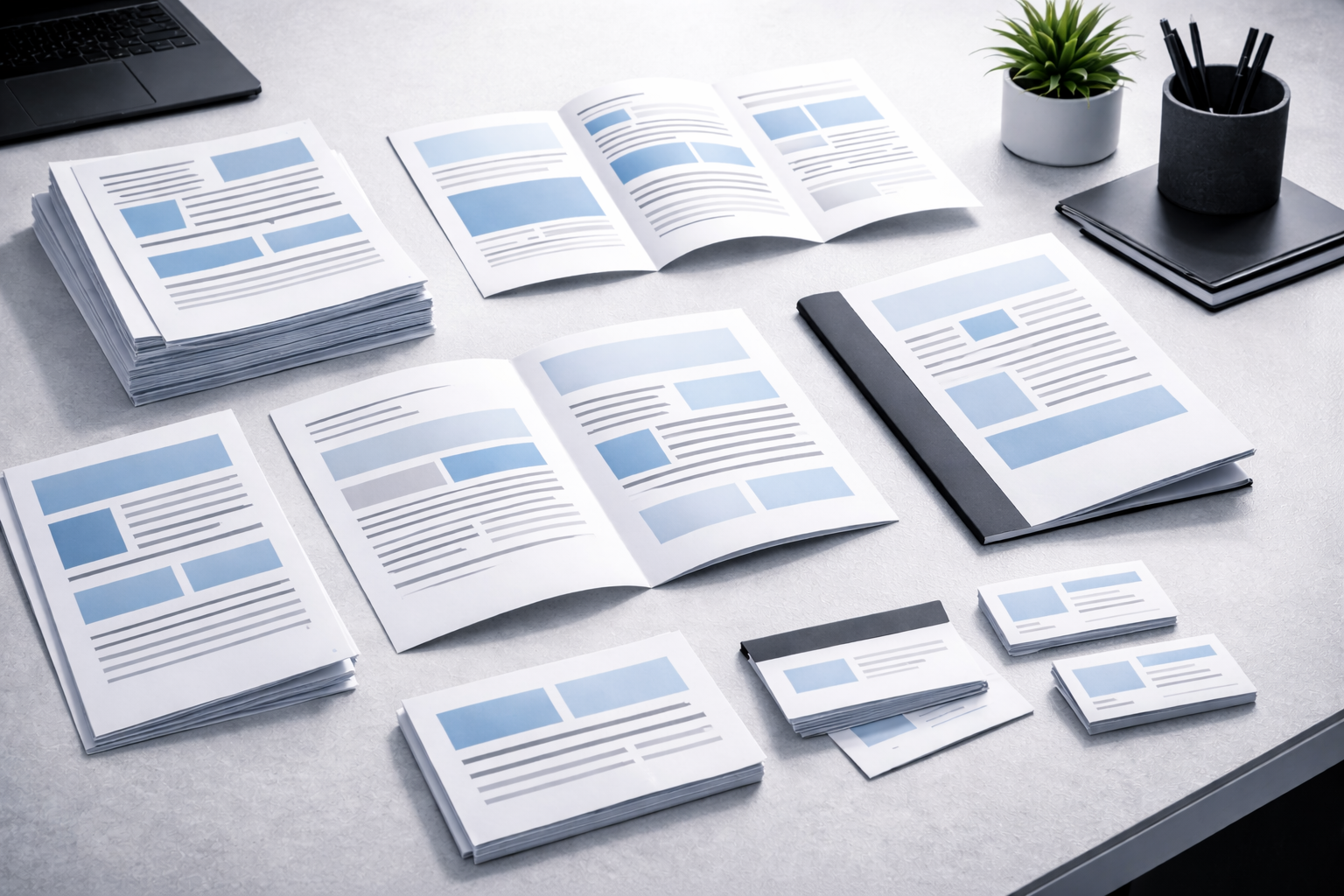 Disorganized desk with multiple stacks of printed documents, open brochures or magazines, a laptop in the top left corner, and small potted plants on the right side.