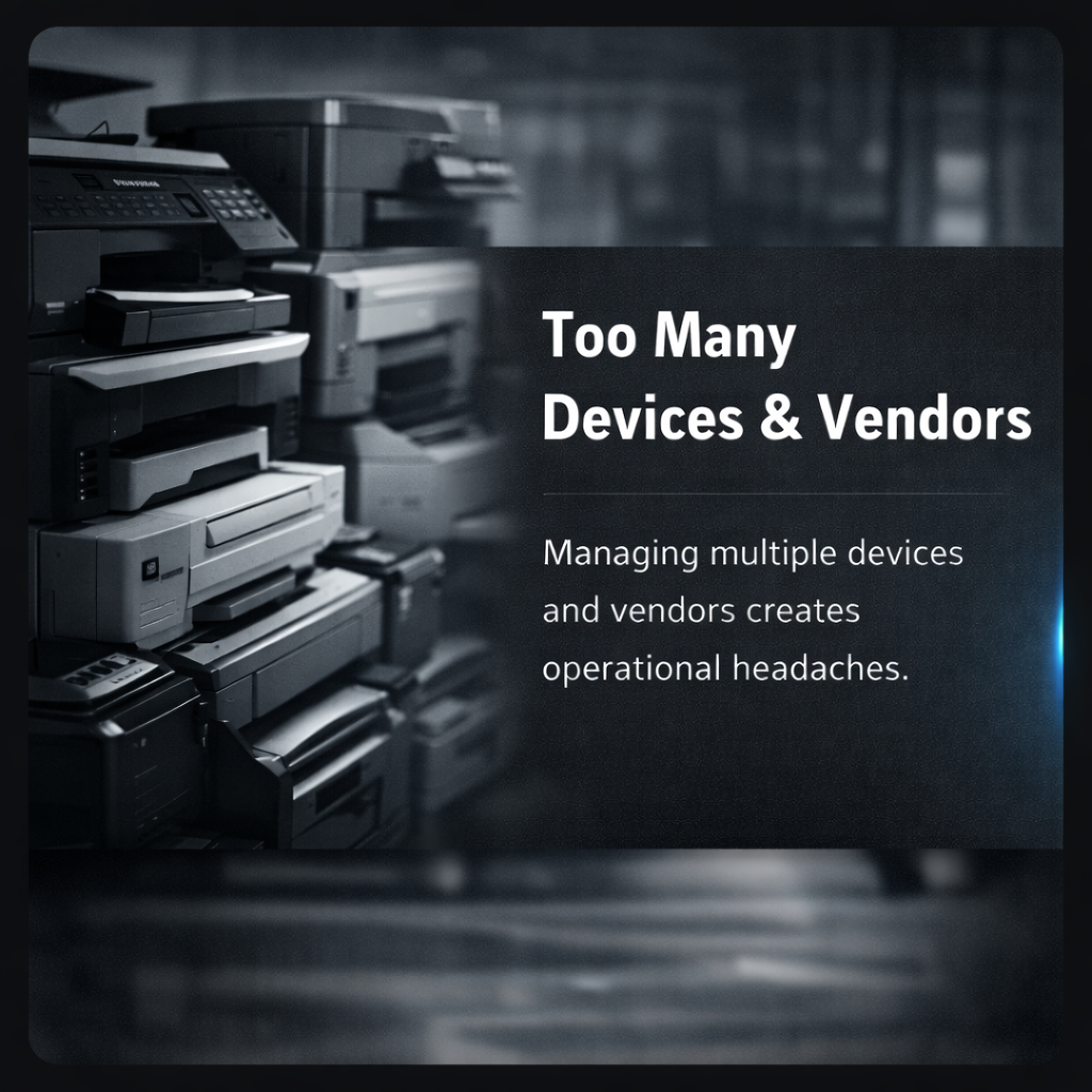 A stack of various office printers and copiers with a dark overlay. Text on the overlay reads, "Too Many Devices & Vendors. Managing multiple devices and vendors creates operational headaches."