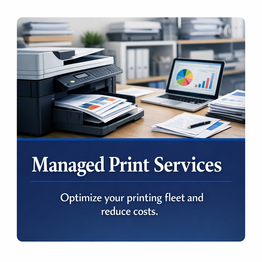 Managed print services for businesses featuring a modern office printer and copier in a clean professional workspace