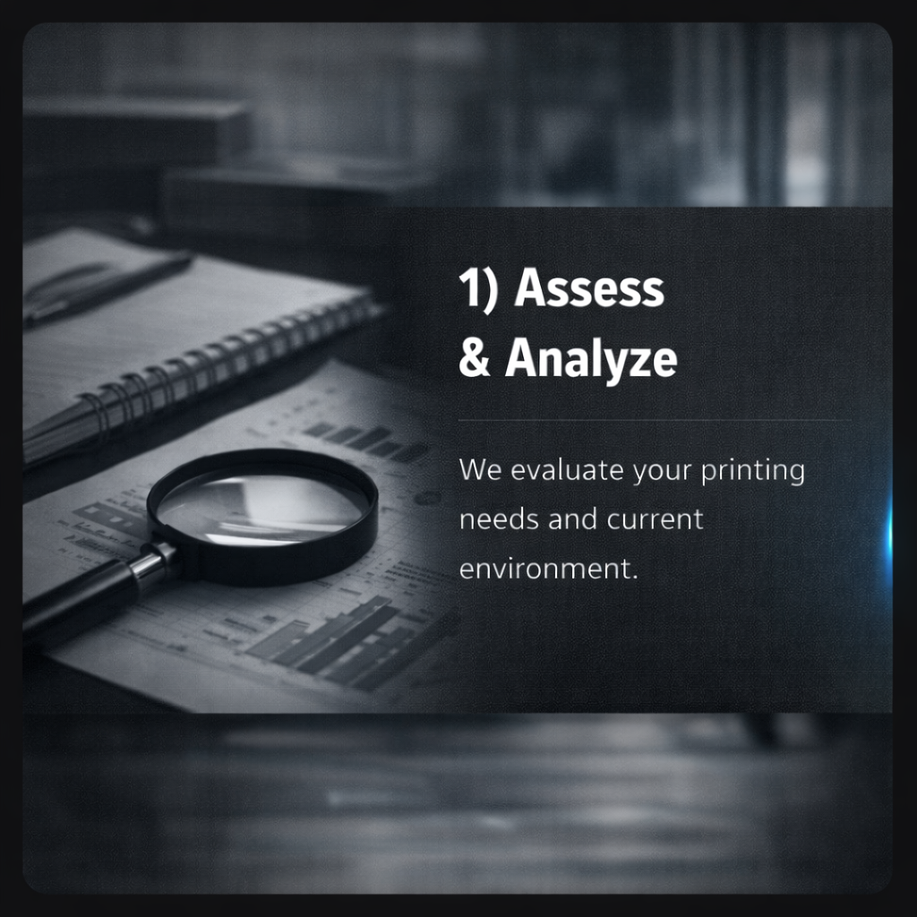 A magnifying glass on printed paper with charts and graphs, with a notebook and pen in the background, and overlay text that reads '1) Assess & Analyze' and 'We evaluate your printing needs and current environment.'