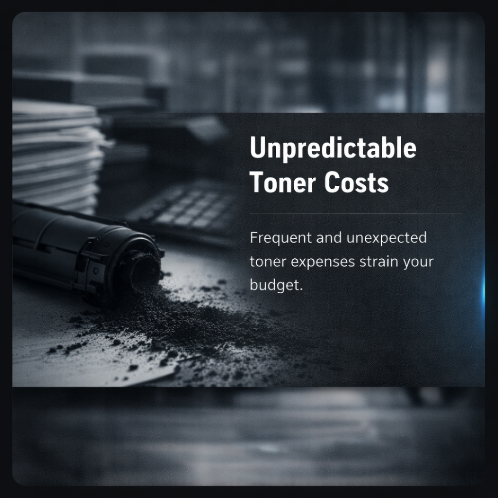 A spilled black toner cartridge with toner powder spilled on a desk, alongside a computer keyboard and a notebook, with overlaid text discussing unpredictable toner costs due to frequent and unexpected expenses.