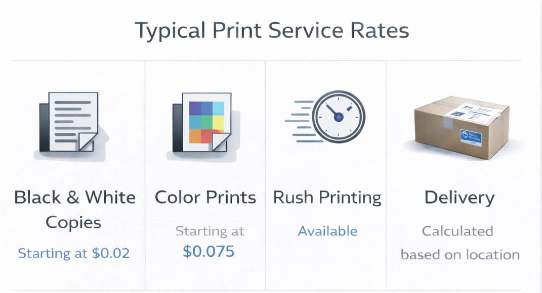 A chart displaying typical print service rates: black and white copies starting at $0.02, color prints starting at $0.075, rush printing available, and delivery with cost based on location.