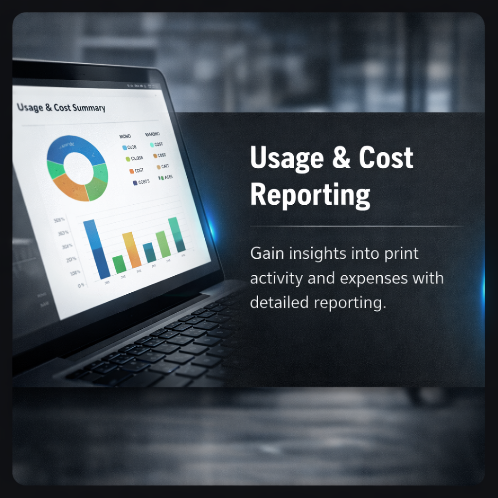 A laptop screen displaying a pie chart and bar graph related to usage and cost summary, with a dark background and the text 'Usage & Cost Reporting' alongside a description about gaining insights into print activity and expenses.