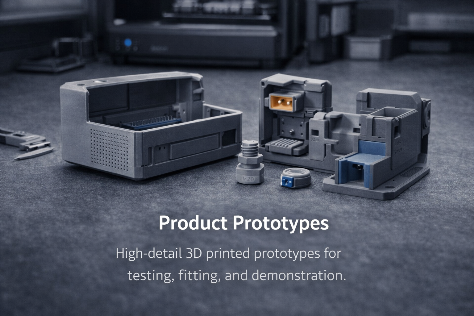 Close-up of detailed 3D-printed product prototypes, including various components and connectors, on a textured surface with a blurred background of a workspace. The text overlay states 'Product Prototypes: High-detail 3D printed prototypes for testing, fitting, and demonstration.'