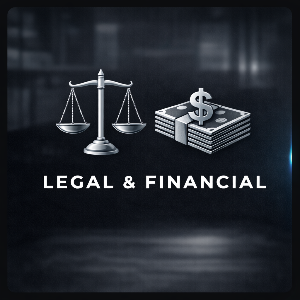 A metallic icon of a balance scale and a stack of dollar bills with a dollar sign, with the text "Legal & Financial" below them.