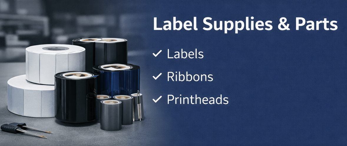 Stacks of blank labels, ribbons, and printheads for label printing machines on a dark blue background.
