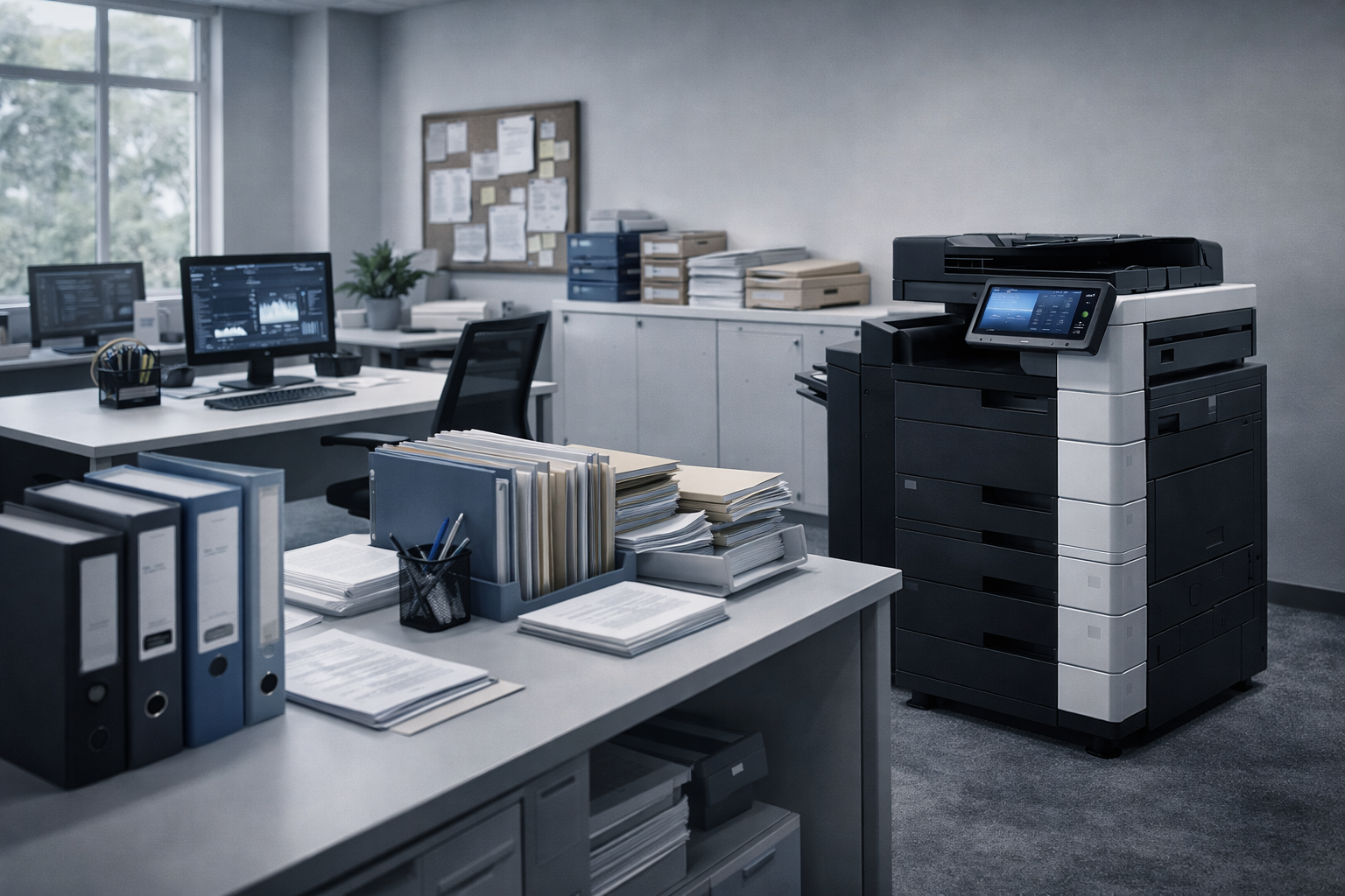 Office workspace with multiple desks and computer monitors, a filing cabinet, stacks of files and papers, and a large multifunction printer.