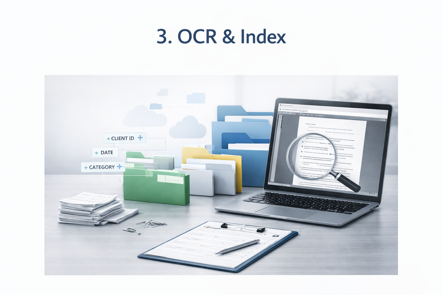 Desk with a clipboard, a laptop displaying a document with a magnifying glass overlay, stacked papers, binder clips, and open file folders in various colors, illustrating digital document management and OCR technology.