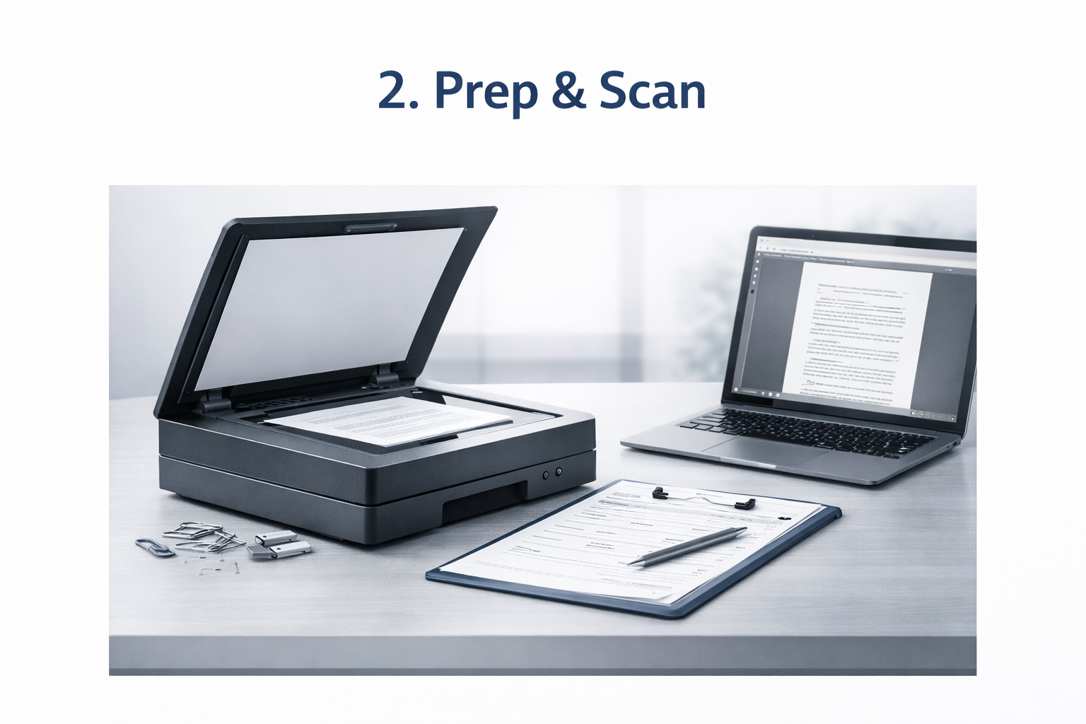 A document scanner, a laptop displaying a document, and a clipboard with paperwork and a pen on a white desk.