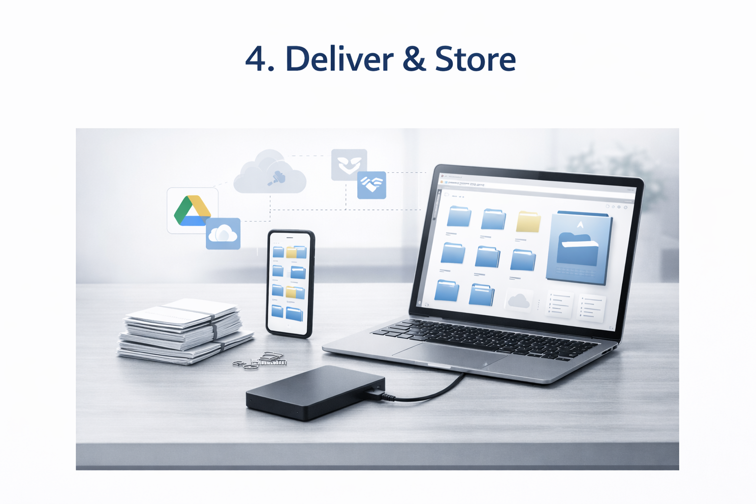 laptop connected to an external drive, smartphone, stacks of papers, and digital cloud storage icons on a desk, illustrating file management and storage.
