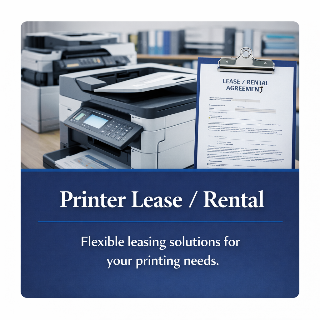 Business printer and copier leasing and rental solutions shown in a modern office setting